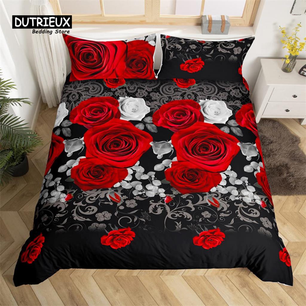 Red Rose Duvet Cover Twin King Romantic Theme Floral Bedding Set Microfiber Love Heart Flowers Quilt Cover For Girl Teen Wedding