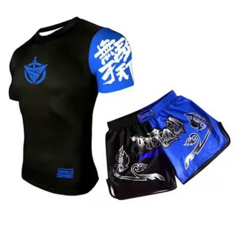 Herren Kompressions MMA Boxen Trainingsset Kurzarm Rash Guard Shorts Kampfsport Fitness