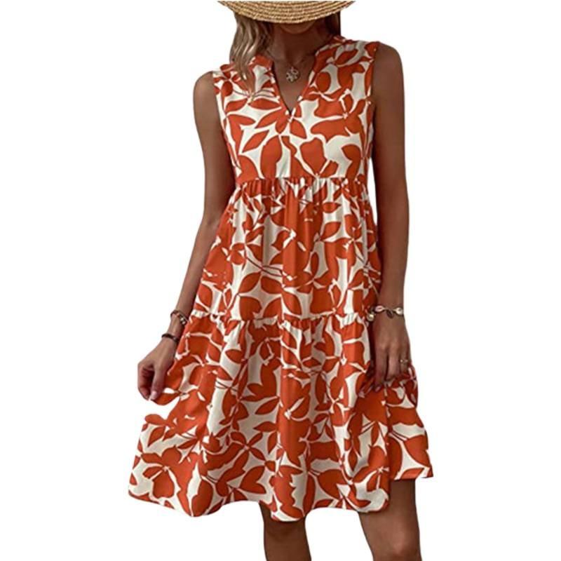 Elegant Sleeveless V Neck Floral Print Boho Mini Dress Summer Ruffle A Line Party Tank Dress Large Size Women Casual Loose Oversize Beach Sundress