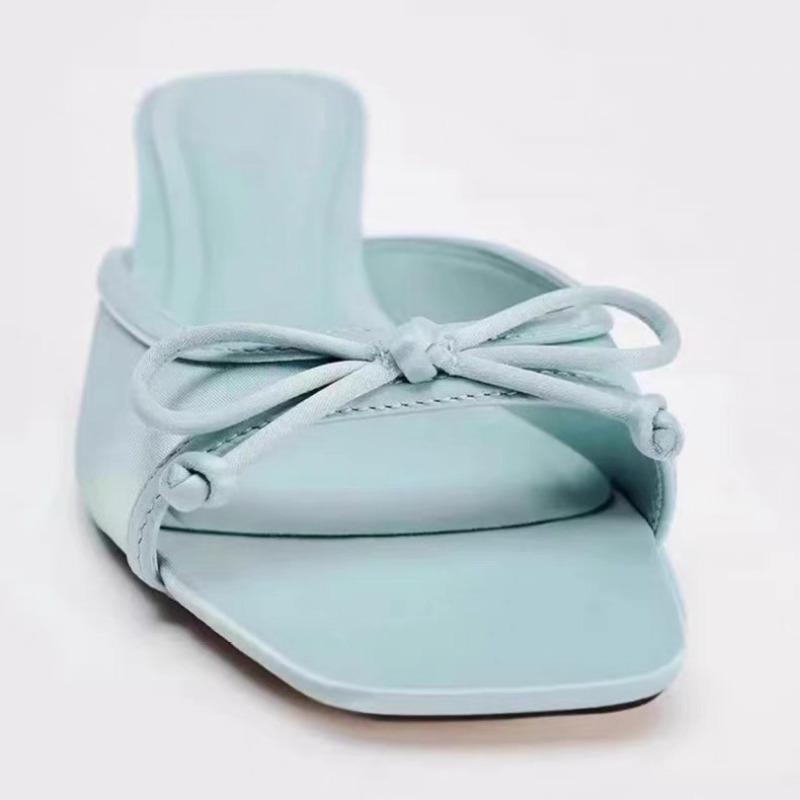 Fashion Summer 2025 New Products Women's Bow Decorated High Heeled Square Toe Mules Fashion Temperament One-word Rear Air Slippers