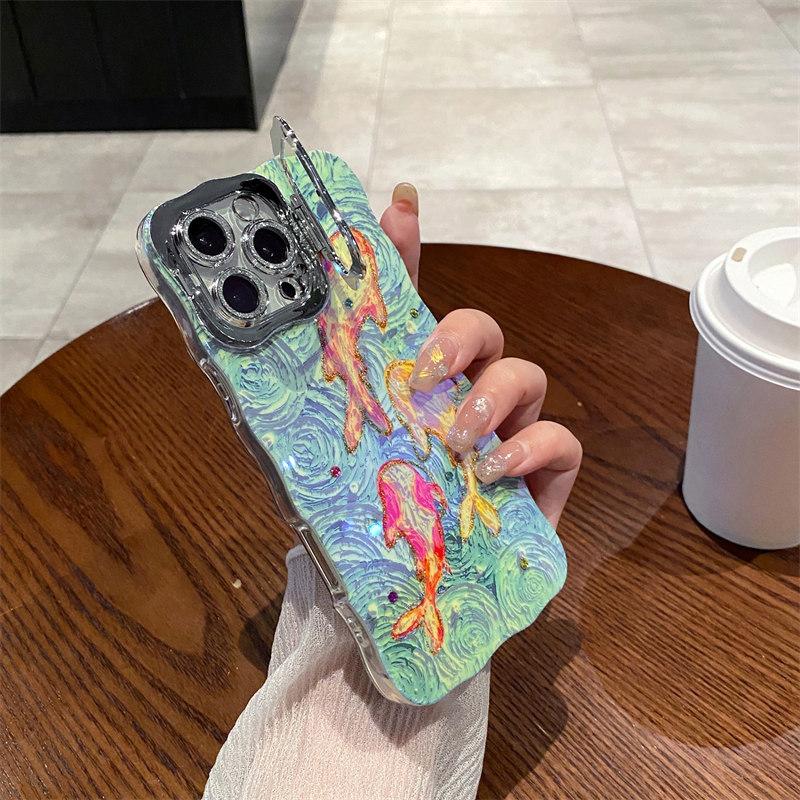 Luxury Fashion Flash Powder Lens Film Koi Diamond Phone Case for iPhone 16 Pro Max 15 14 Plus 13 12 11 Invisible Stand Full Cover Protective Cover