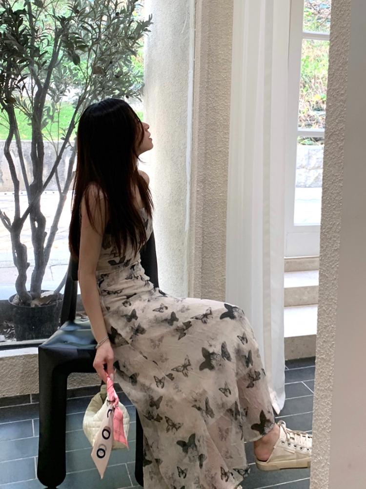 Temperamentní župan Femme Maxi šaty pro ženy Móda Sexy šátek bez rukávů Motýl bez zad Elegantní midi šaty Korea Summer