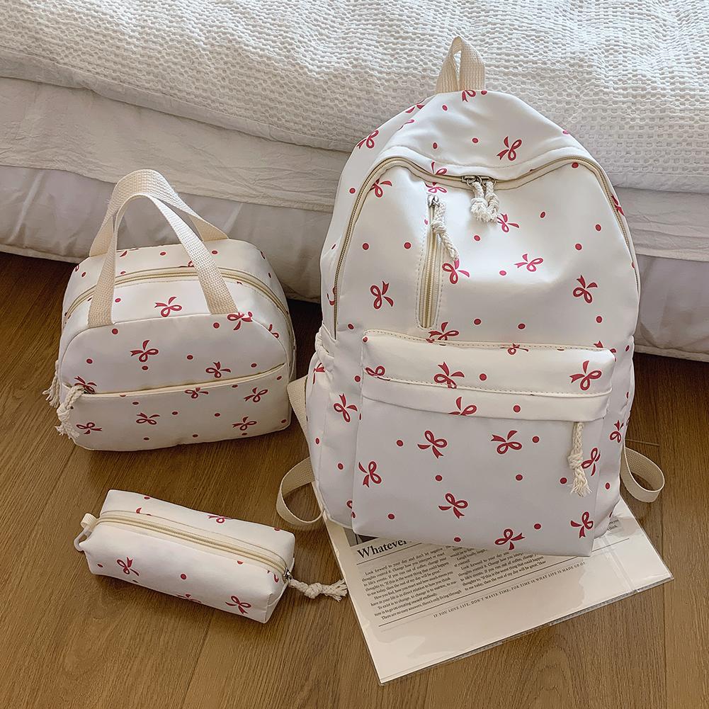 3Pcs/Set Bow Print Aesthetic Daypack with Handbag Pencil Case Student Rucksack for Girl Women Travel