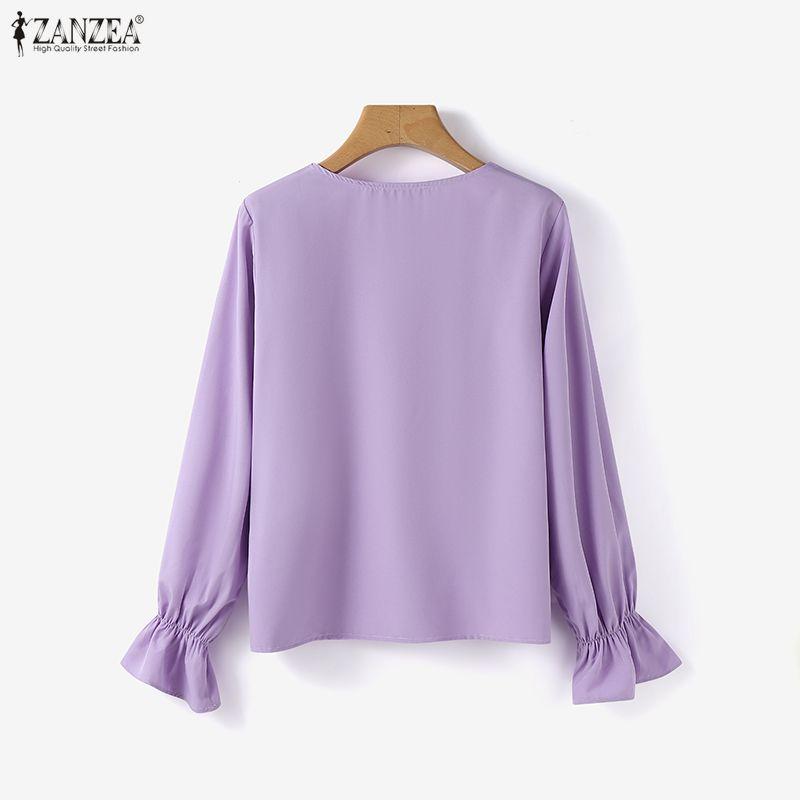 ZANZEA Dámská volná ležérní halenka s volánky, výstřihem do V a dlouhým rukávem