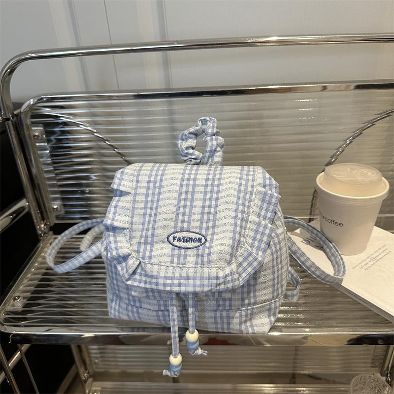 1Pcs Large Capacity Bow Shoulder Bag Multi Functional Korean Style Lace Plaid Backpack Travel Canvas Backpack Book Bag