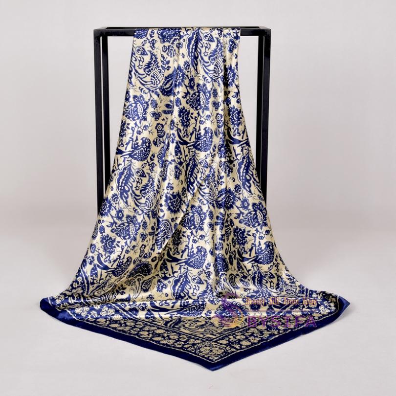 [BYSIFA] Women Silk Scarf Shawl Printed Chinese Rose Navy Blue Red Square Scarves 90*90cm Fashion Accessories Headscarves Hijabs