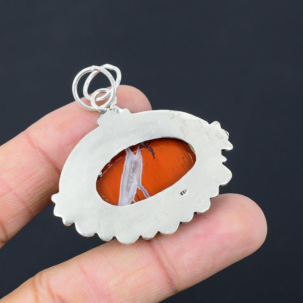 Oval Red Snakeskin Jasper Gemstone Elegant Artisan New Pendant Sterling Silver