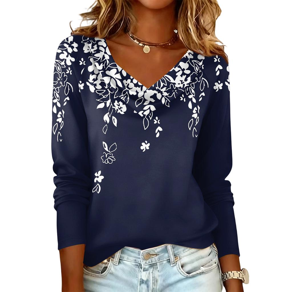 Ladies' Floral Printed Casual And Fashionable Long Sleeved Pullover Top