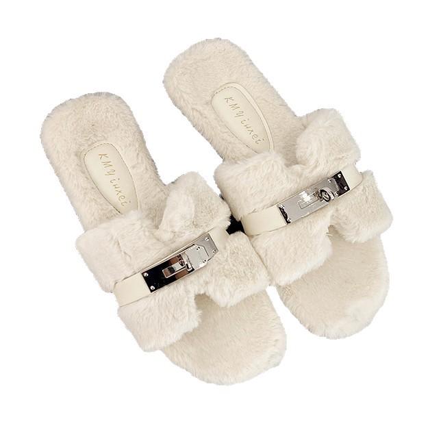 Comfortable Princess Thick-bottomed Fluffy Slippers Women's Autumn and Winter High-end Outer Wear 2025 New Indoor Home One-word Cotton Mop