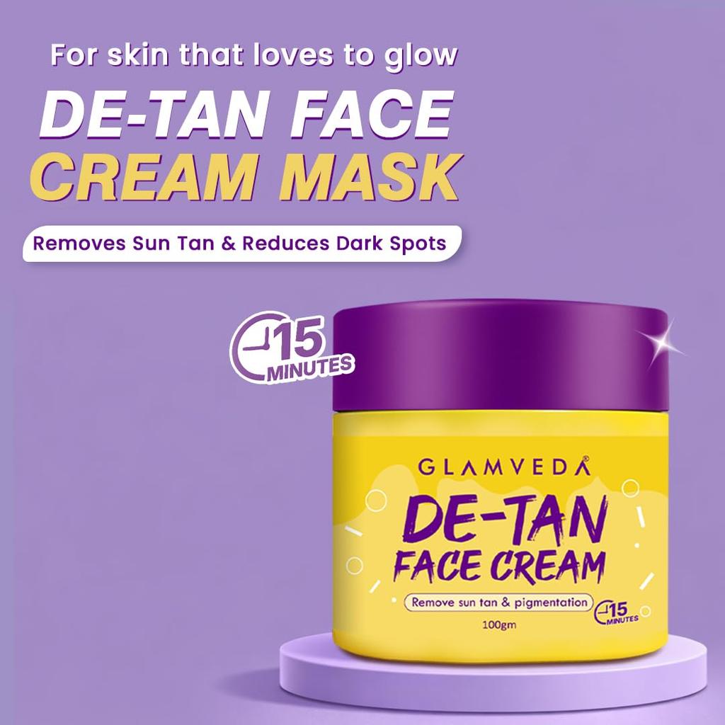 Glamveda De Tan Cream Mask for Men & Women | Kojic Acid Face Pack for Tan Removal, Pigmentation & Sun Damage Care | Instant Brightening & Glow Boos