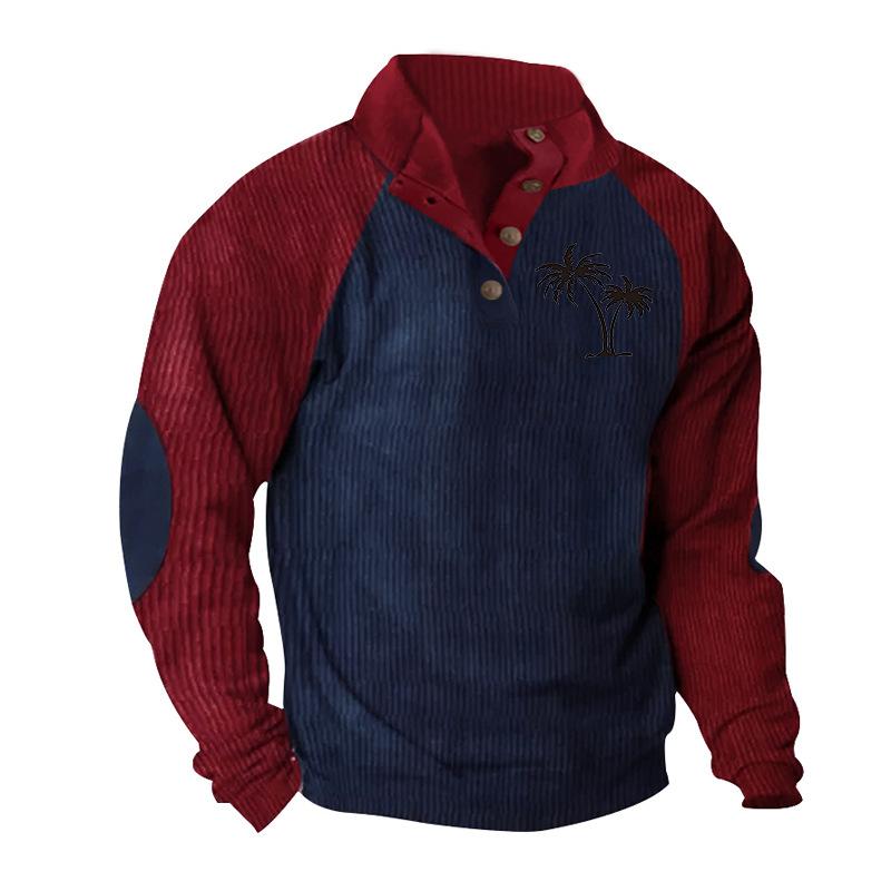 Men's Drop-Shoulder Sleeve Casual Printed Stand-Up Collar Loose-Fit Corduroy Patchwork Sports Sweatshirt