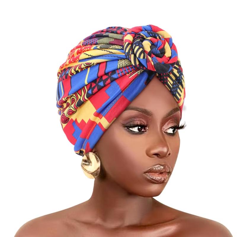 New Women African Print Pleated Turban Knotted Headwraps Elastic Head Scarf Floral Beanie Chemo Cap Bandana Headwear Hair Covers