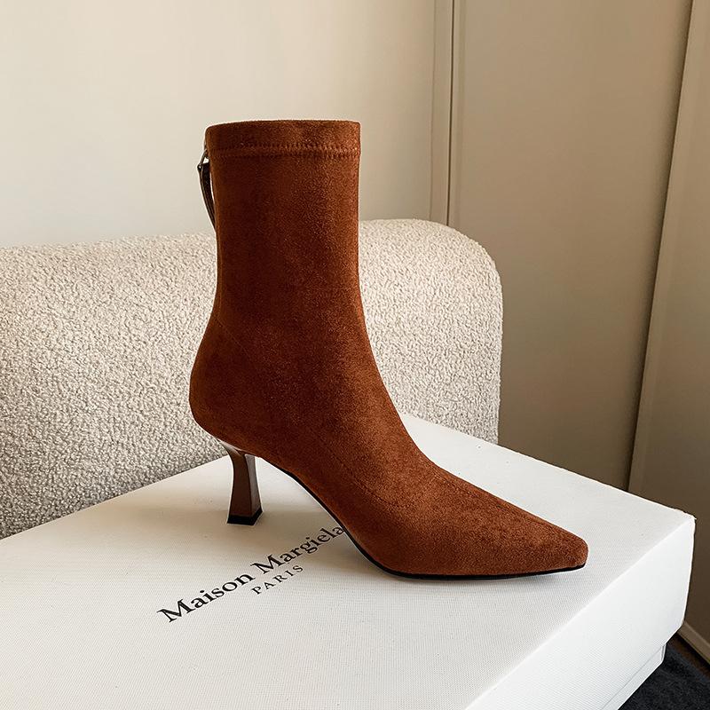 

Французские элегантные универсальные эластичные сапоги на тонком каблуке, новые абрикосовые короткие сапоги осень-зима 2025, женские остроносые сапоги на высоком тонком каблуке 40