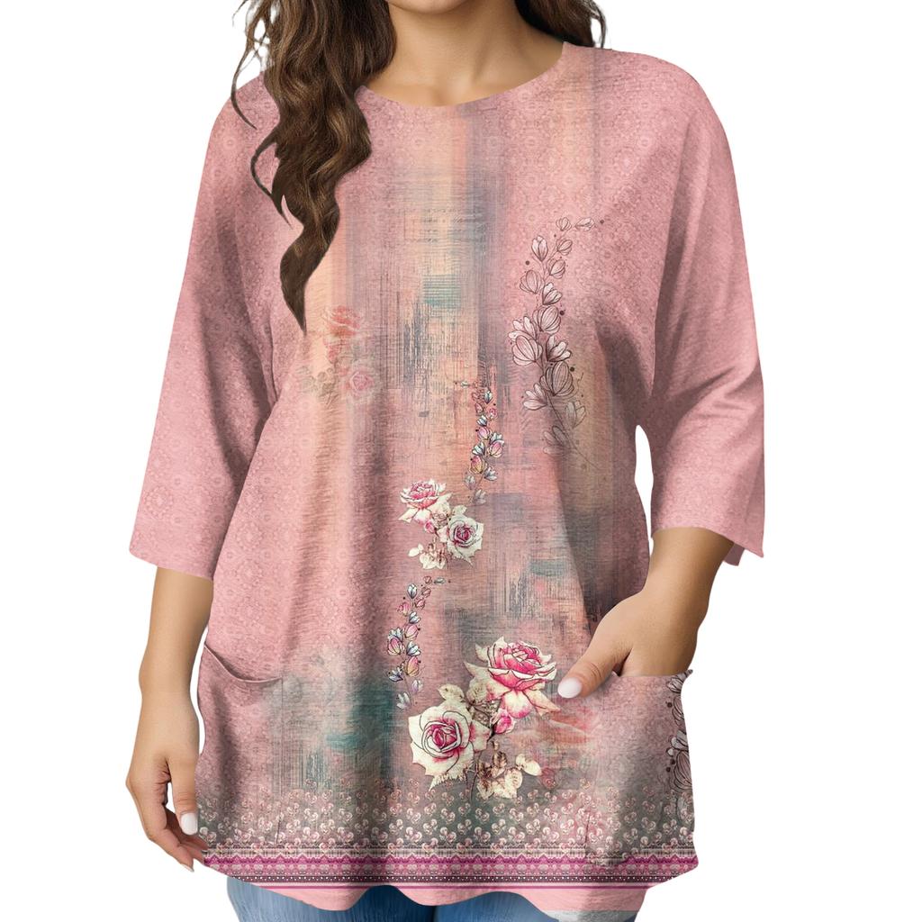 Modeblus för damer, större storlekar, med tryck, kortärmad, för elegant pendling och fritid