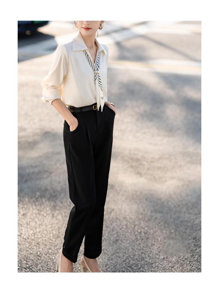 French Ribbon Satin Long Sleeve Women's Shirt - 2026 Spring Professional Style
