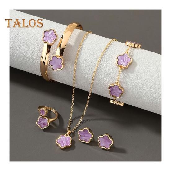 5 szt./zestaw Damski zestaw biżuterii Szczęśliwy kwiatowy dekor Mieniące się cyrkonie Naszyjnik Bransoletka Mankiet Kolczyki Pierścionek Zestaw Biżuteria modowa