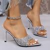 Fashion Shiny Silver Sequin High Heel Slippers Women Sexy Pointed Toe Stiletto Heels Sandals Woman 2025 Summer Fashion Dress Party Pumps