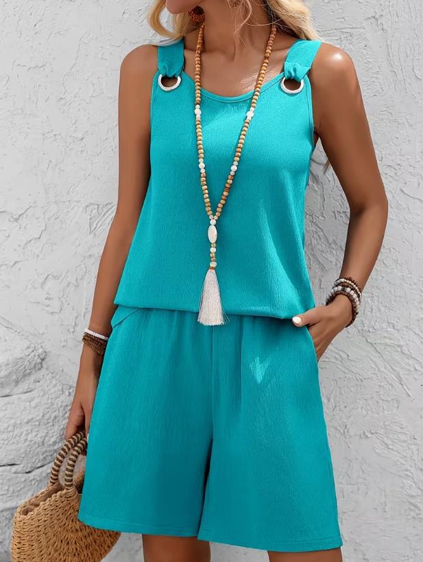2026 Spring/Summer European and American Style Round Neck Solid Color Two-Piece Sleeveless Shorts Set for Women.
