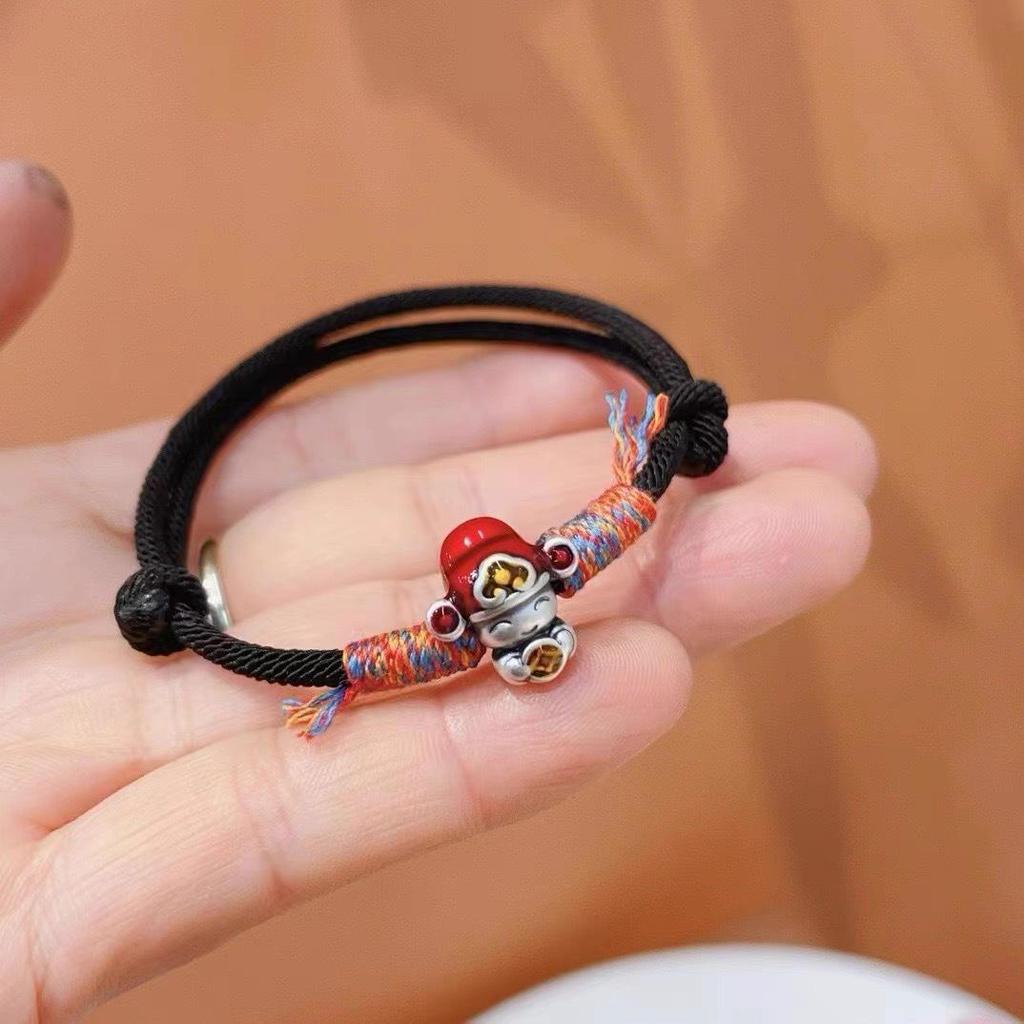 999 Sterling Silver God of Wealth Bracelet: Pure Silver Red Rope for Luck and Prosperity, Unisex Birth Year Charm, Couples' Gift.