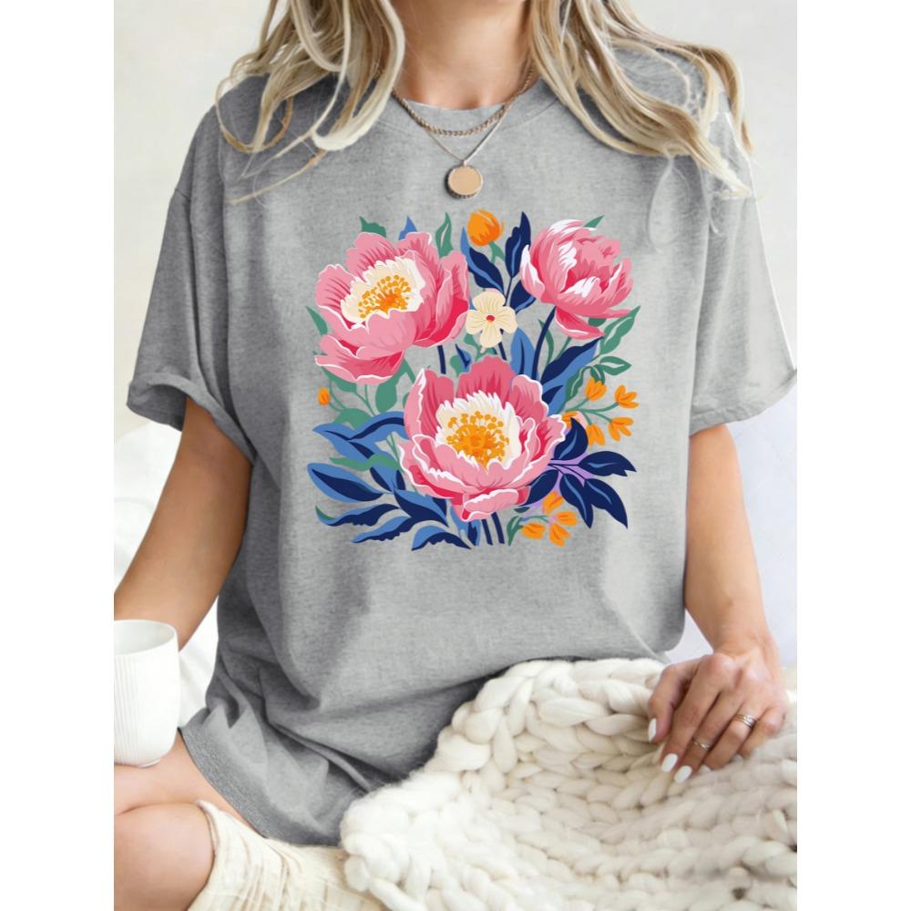 Estetická ilustrace Květiny pivoňky Potisk Dámská trička Hip Hop Vícebarevné tričko Bavlněné oblečení Letní Oversized top