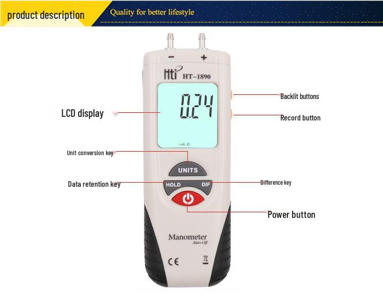 HT1890 Handheld Differential Pressure Meter for Car Repair and Pipeline Air Pressure Measurement.