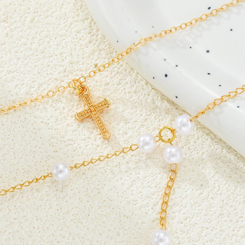 New 2Pcs/Set Cross Long Pearl Tassel Necklace for Women Simple Gold Color Multilayer Pendant Necklaces Set Fashion Party Jewelry