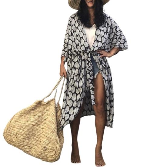 Women Bikini Cardigan Loose Breathable V-Neck Cover-Up Printing Lace-up Design Loose