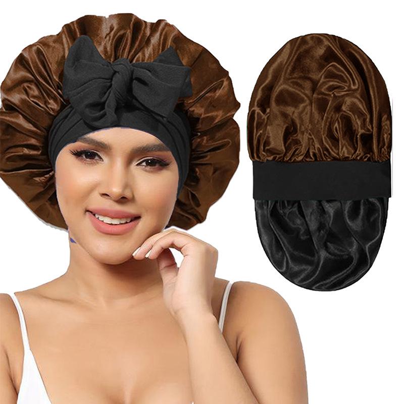 Women's Reversible Double-Layer Satin Nightcap with Ribbon - High Elasticity Round Hat for Hair Protection