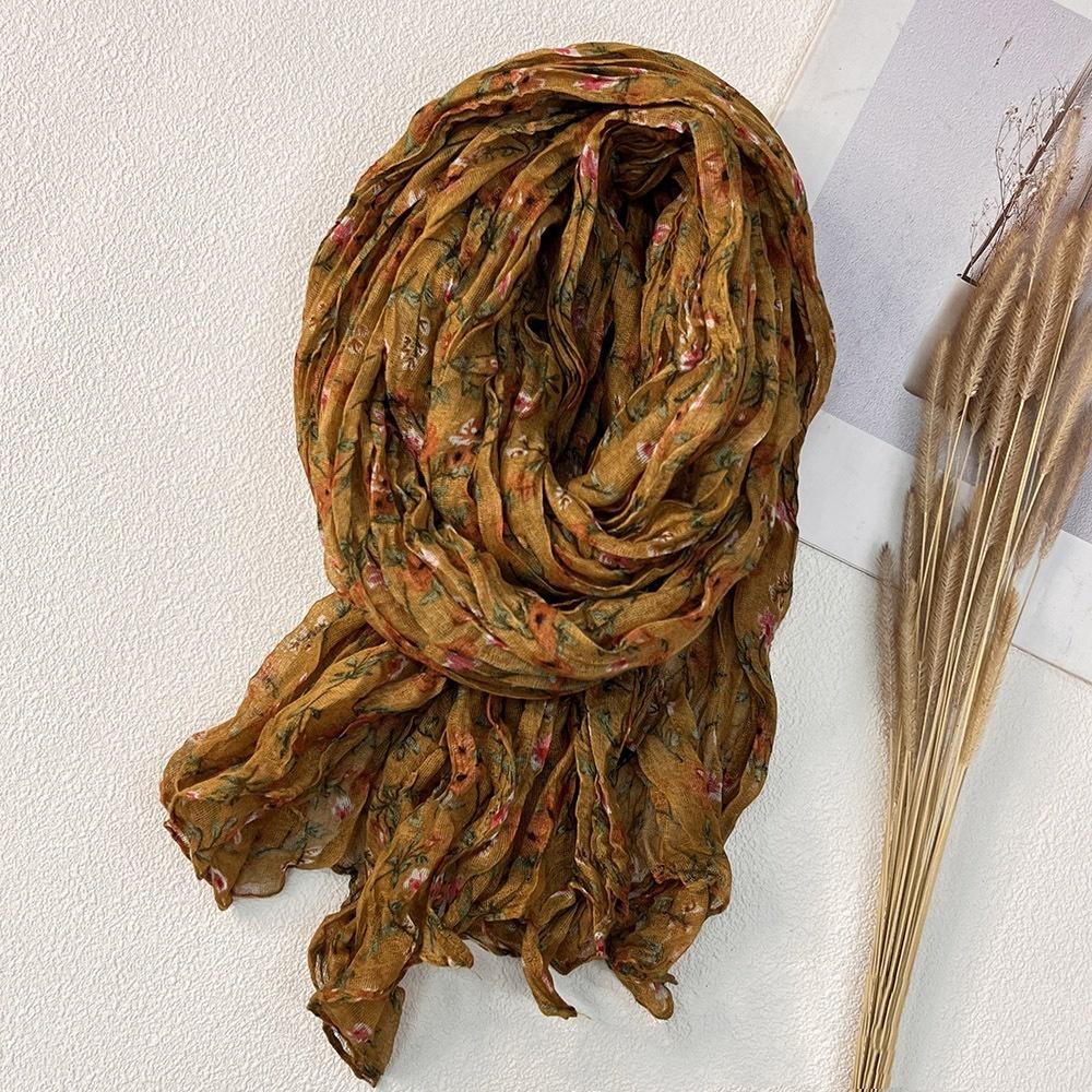 New Retro Literary Imitation Cotton And Linen Pleated Thin Versatile Shawl Small Floral Scarf Yarn Japanese Fashion Trend