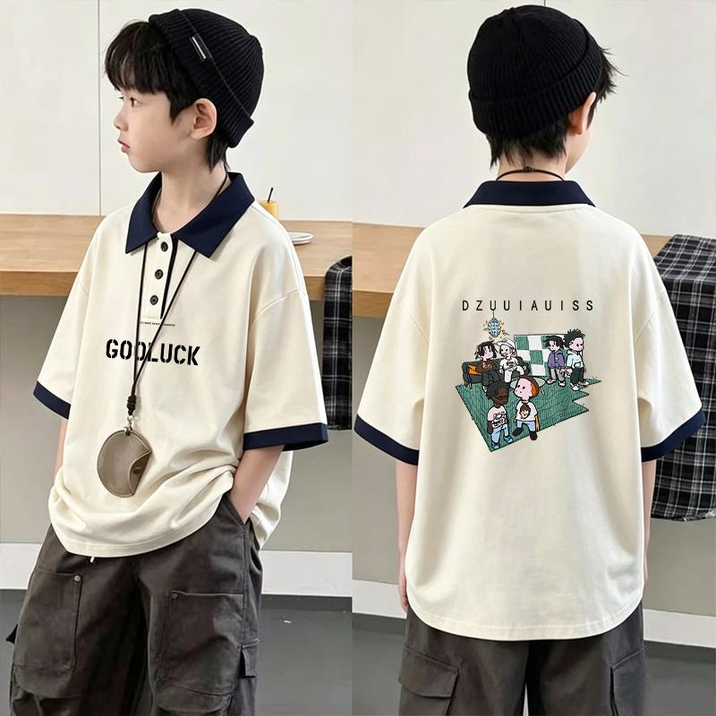 Boys' Loose Color-Block Cotton Polo Shirt - New Korean Style, Lapel Short Sleeve, Trendy Summer Top for Middle and Big Kids