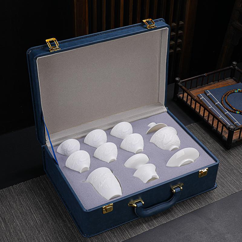 Dehua Kung Fu Tea Set Embossed Suet Jade Ceramic Tea Set Business Gifts