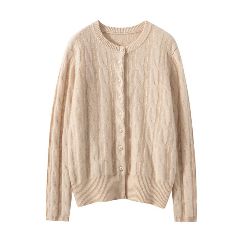 Soft Cashmere Knit Cardigan - Women's Autumn/Winter Solid Color Single-Breasted Cable Knit Round Neck Outerwear