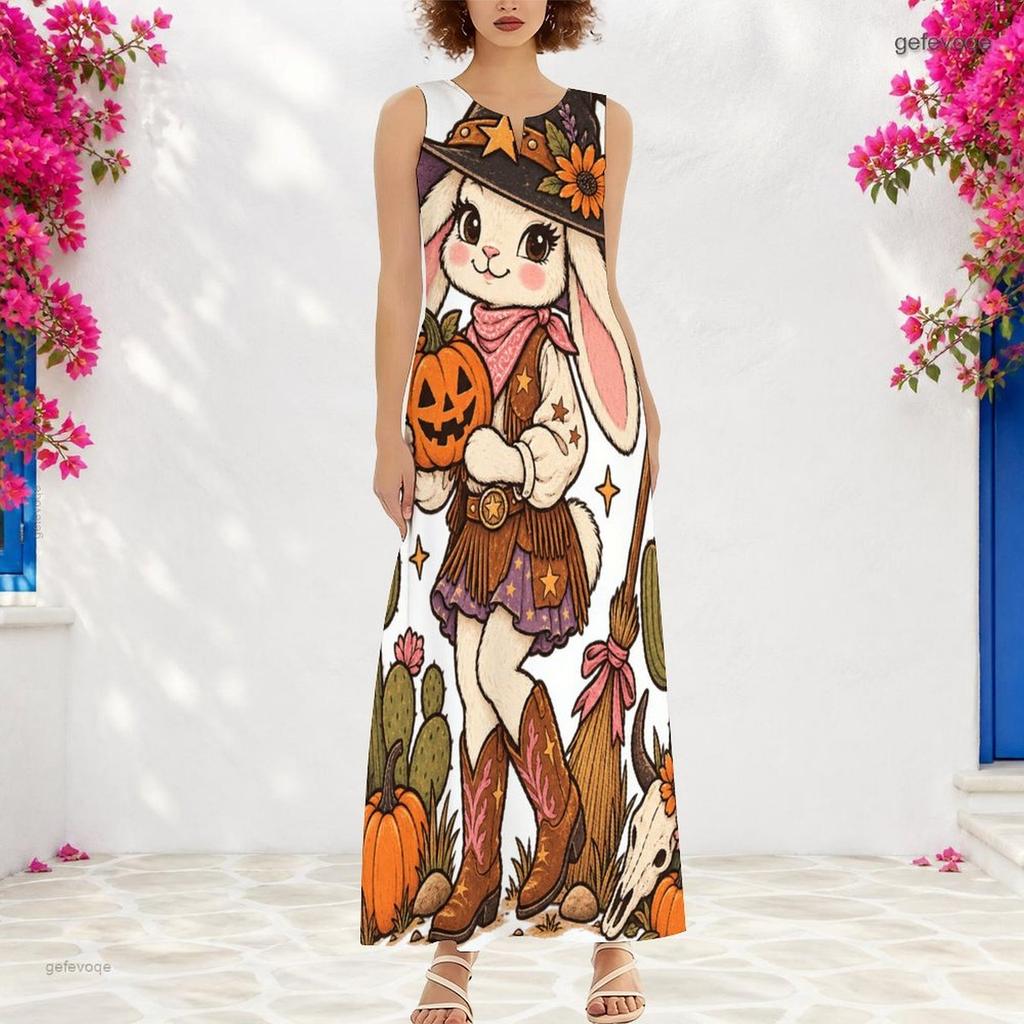 Women Plus Size Sleeveless Small V Neck Maxi Dress Halloween Witch Lamb Cartoon Print Loose Long Dress
