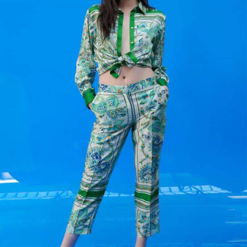 Beach Summer New Arrival Women's Clothing Fashion Style Lapel Long Sleeves Button Shirt + Positioning Printed Pants Suit Women's