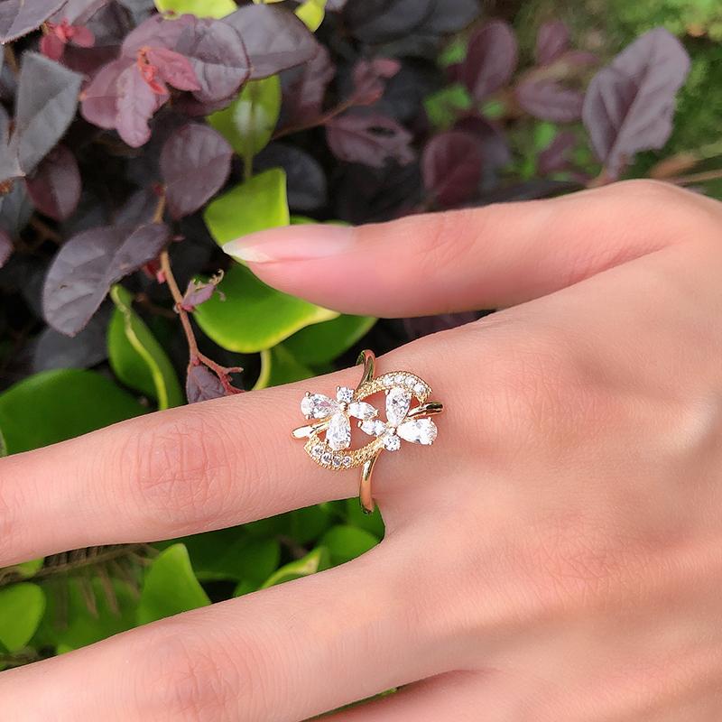 Luxus Roségold Kristall Blume Ohrringe Ring Sets für Frauen Natürlicher Zirkon Braut Hochzeit Vintage Schmucksets