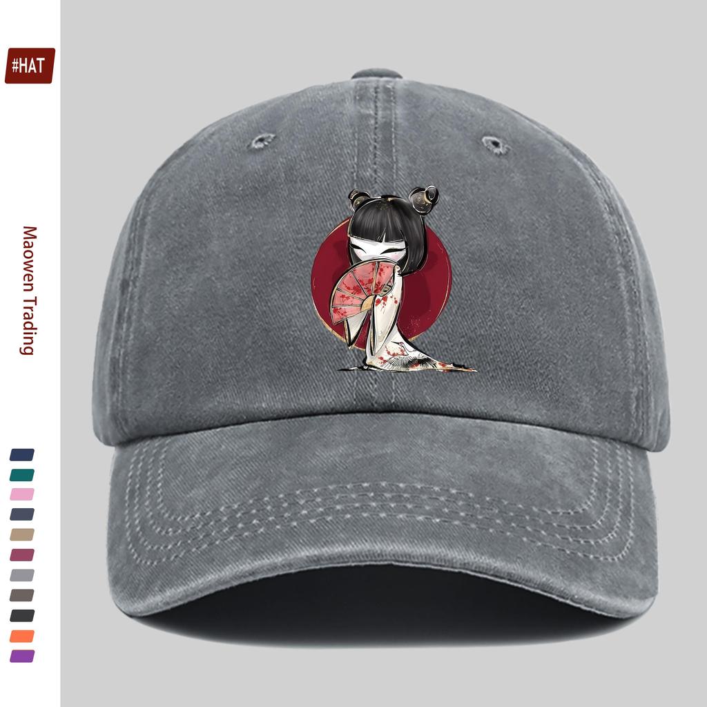 pc Cute Japanese Style Handheld Folding Fan Print Baseball Cap with Cartoon Cherry Blossom Print Design Sun Hat Comfortable Lig