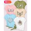 Five-piece set Elegant short-sleeved shirt for women Retro Butterfly and Mysterious Plant Series Printed Round Neck Women's Short Sleeve Shirt
