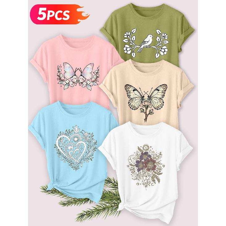 Five-piece set Elegant short-sleeved shirt for women Retro Butterfly and Mysterious Plant Series Printed Round Neck Women's Short Sleeve Shirt