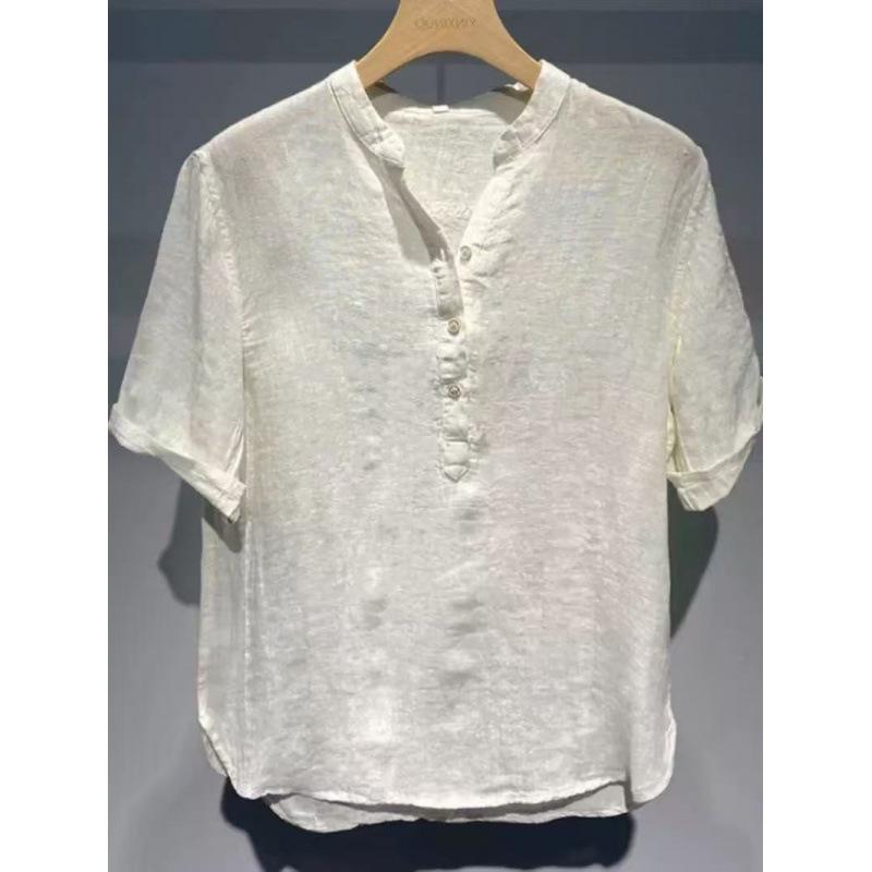 Men Linen Mandarin Collar Half Button Short Sleeve Shirt Casual Loose Breathable Summer Top