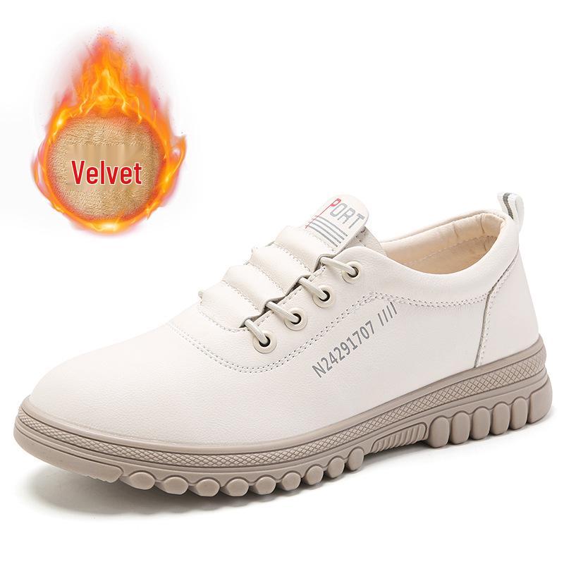 Women's Fleece-Lined White Leather Sneakers: Warm Winter Fashion - Soft Upper & Casual Style for Middle-Aged and Elderly.