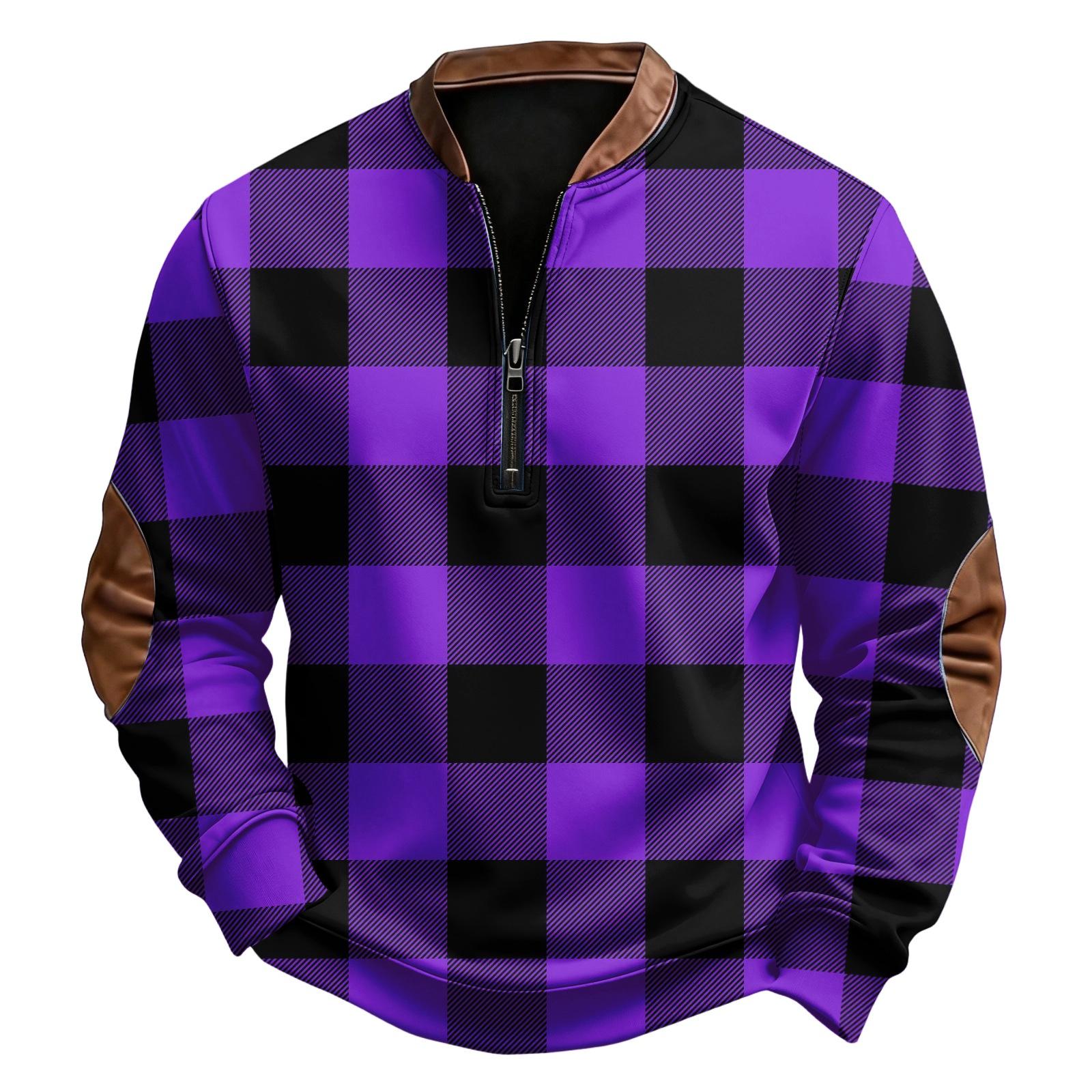

Men s Casual, Trendy, Retro American Checkered Print Round,neck Long,sleeved Half,pull One,piece Sweatshirt XXL фіолетовий