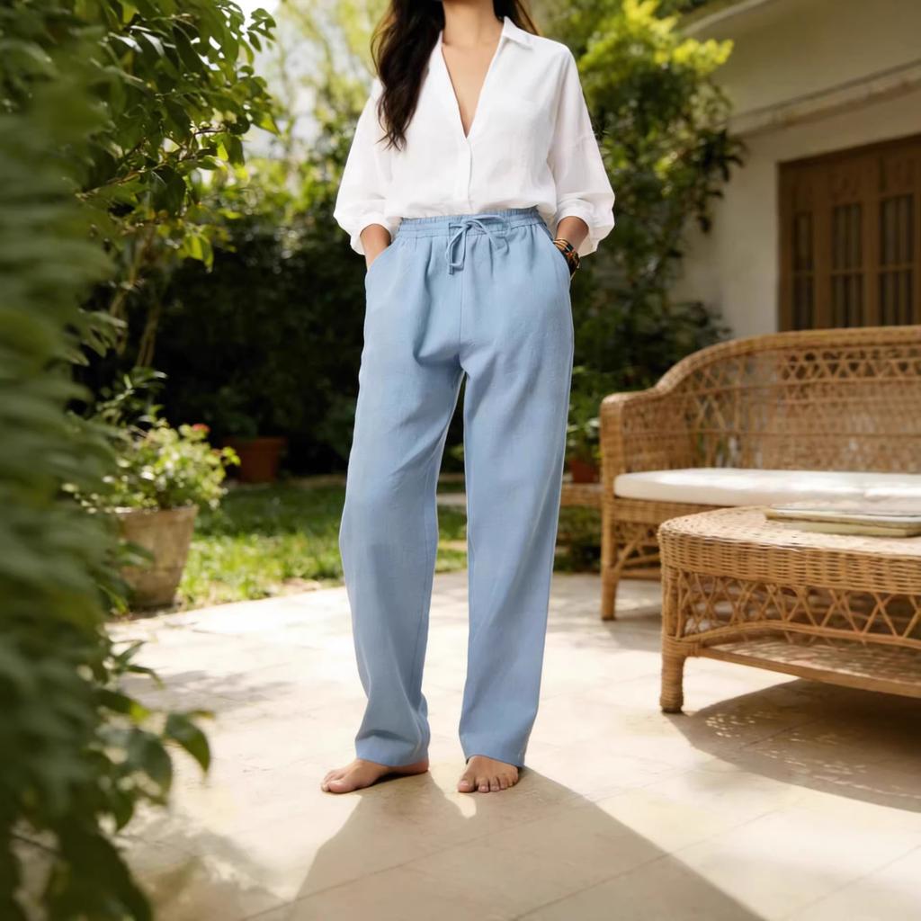 Women's trendy retro casual cotton and linen pants breathable loose straight-leg pants solid color summer daily versatile light and thin trousers