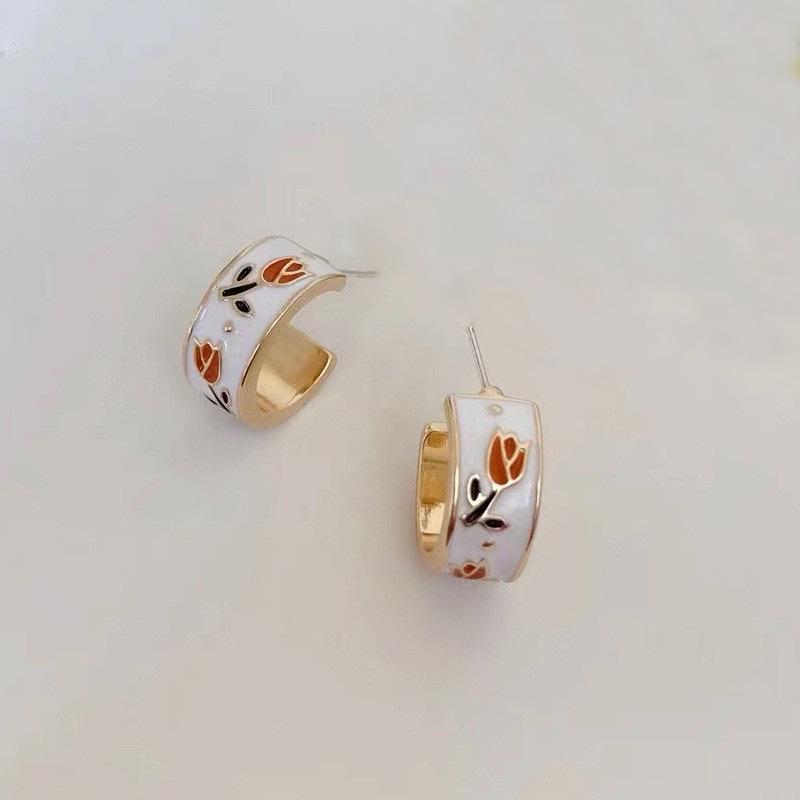 925 Silver Needle French Retro Enamel Tulip C-Shaped Earrings - Light Luxury Floral Design for Women