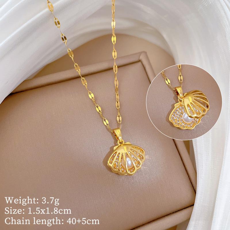 Light Luxury Full Diamond Slightly Inlaid Zircon Empty Shell Pearl Necklace Copper Electroplated Real Gold Pendant Wind