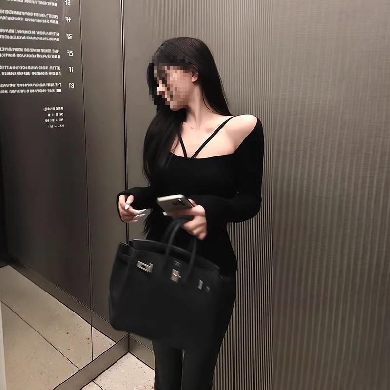 French Chic One-Shoulder Long-Sleeve Women s T-Shirt, Autumn/Winter New Arrival, Slimming Base Layer M чёрный