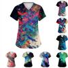 Women's Print V-Neck Short Sleeve Scrub Top with Double Pockets and Side Slits - Comfortable Caregiver Uniform for Daily Work