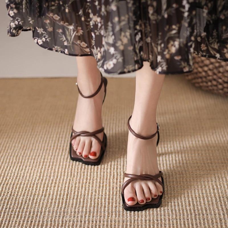 Women Sandals Ankle Strap Open Toe Narrow Band Ladies Hight Heel Sandals Solid Color Fashion Retro Female Square Toe Shoes