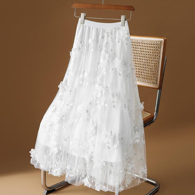 Gonne elasticizzate in stile coreano da donna con ricami floreali in rete, gonne lunghe in garza da ballo, gonne di media lunghezza