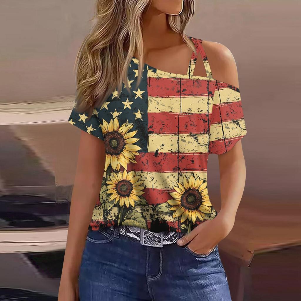 Women's Fashion Casual Independence Day Print Sexy Cold Shoulder Short Sleeve T-shirt Top