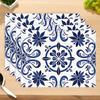 4pcs Blue And White Ceramic Style Geometric Bohemian Placemat Table Runner Set For Coffee Mug Bowl And Plates Decor